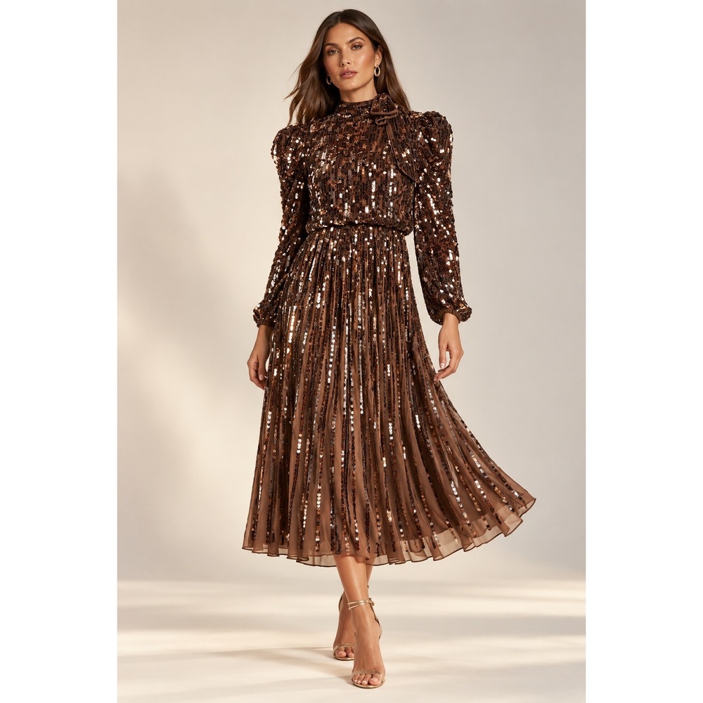 NWT Mac Duggal Brown Long Sleeve Sequin Tea Length Dress Bow (MSRP: $598) Size 6